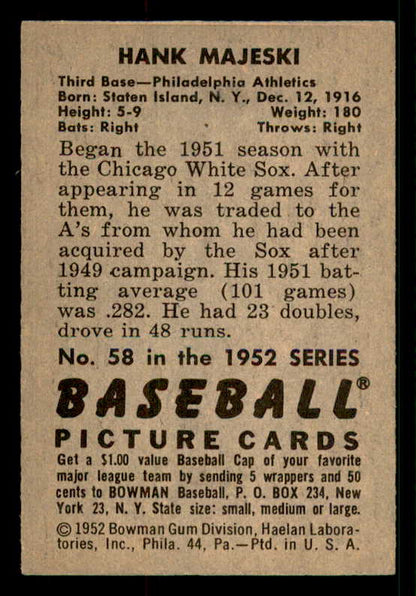 1952 Bowman Baseball #058 Hank Majeski A's EX-MT 533104