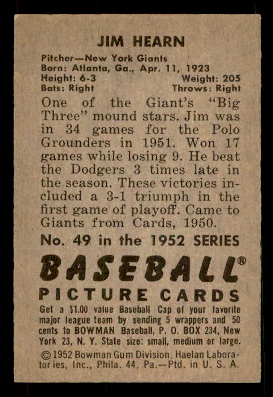 1952 Bowman Baseball #049 Jim Hearn Giants EX-MT 533105