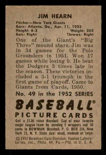 1952 Bowman Baseball #049 Jim Hearn Giants EX-MT 533105