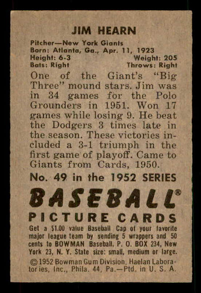 1952 Bowman Baseball #049 Jim Hearn Giants EX-MT 533105