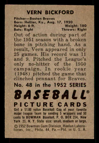 1952 Bowman Baseball #048 Vern Bickford Braves EX-MT 533106