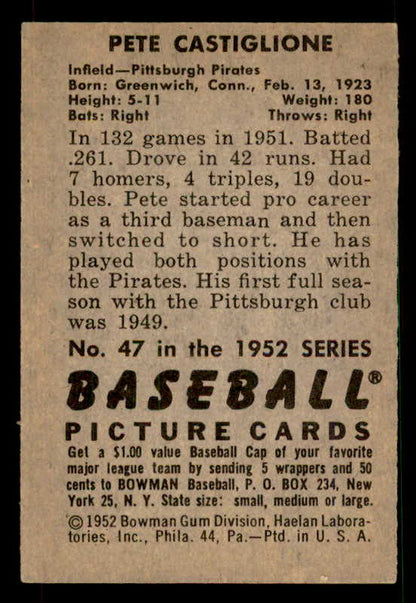 1952 Bowman Baseball #047 Pete Castiglione Pirates EX-MT 533107