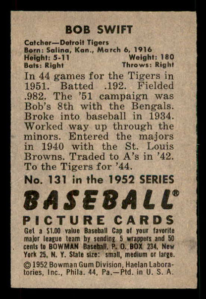 1952 Bowman Baseball #131 Bob Swift Tigers EX-MT 533108