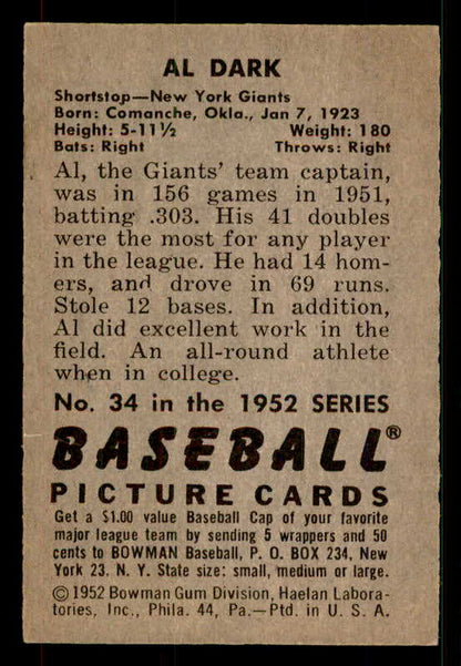 1952 Bowman Baseball #034 Al Dark Giants EX-MT 533109