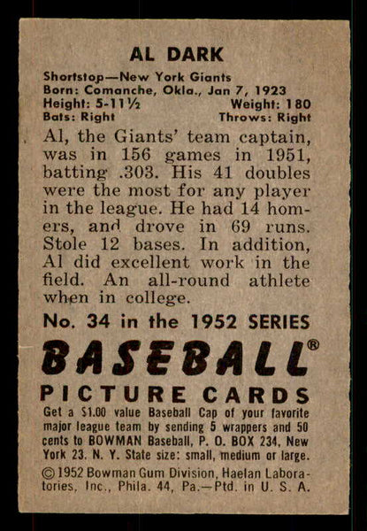 1952 Bowman Baseball #034 Al Dark Giants EX-MT 533109