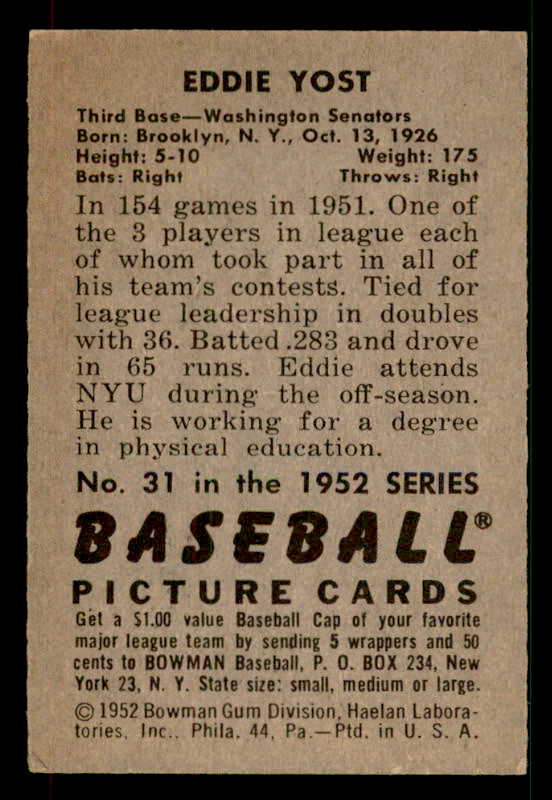 1952 Bowman Baseball #031 Eddie Yost Senators EX-MT 533110