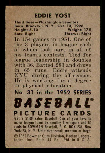 1952 Bowman Baseball #031 Eddie Yost Senators EX-MT 533110
