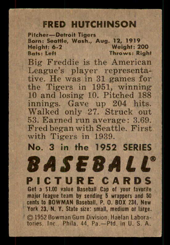 1952 Bowman Baseball #003 Fred Hutchinson Tigers EX 533112