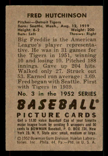 1952 Bowman Baseball #003 Fred Hutchinson Tigers EX 533112