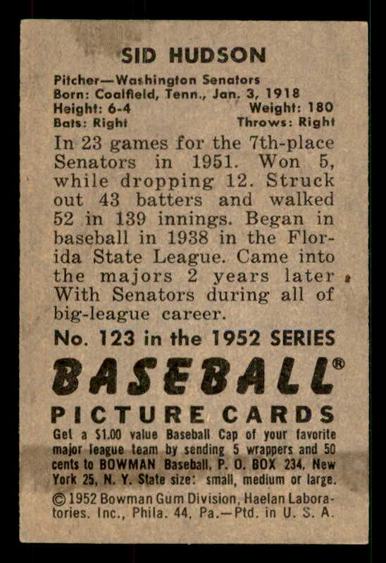 1952 Bowman Baseball #123 Sid Hudson Senators EX-MT 533113