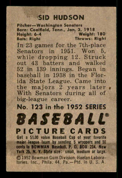 1952 Bowman Baseball #123 Sid Hudson Senators EX-MT 533113