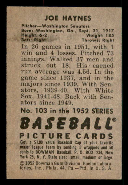 1952 Bowman Baseball #103 Joe Haynes Senators EX-MT 533114