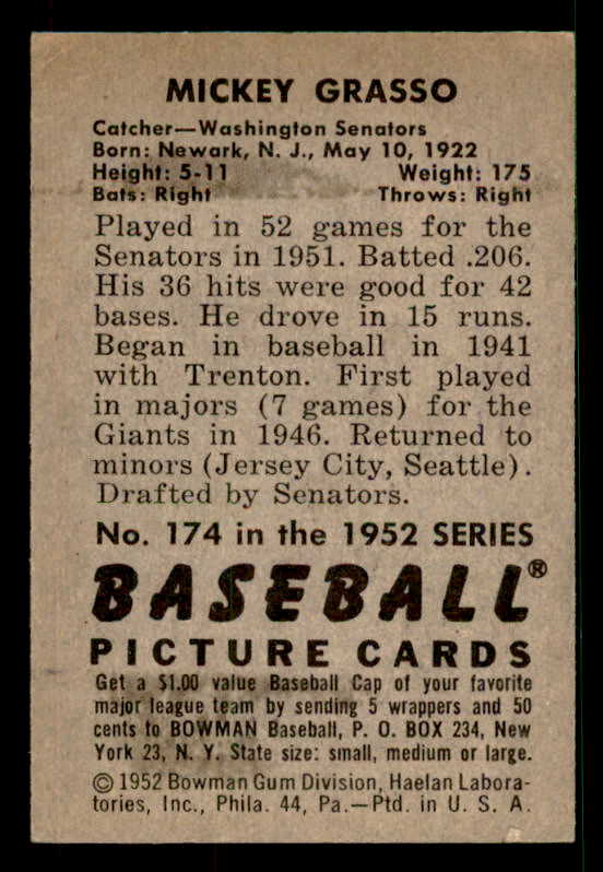 1952 Bowman Baseball #174 Mickey Grasso Senators EX-MT 533115