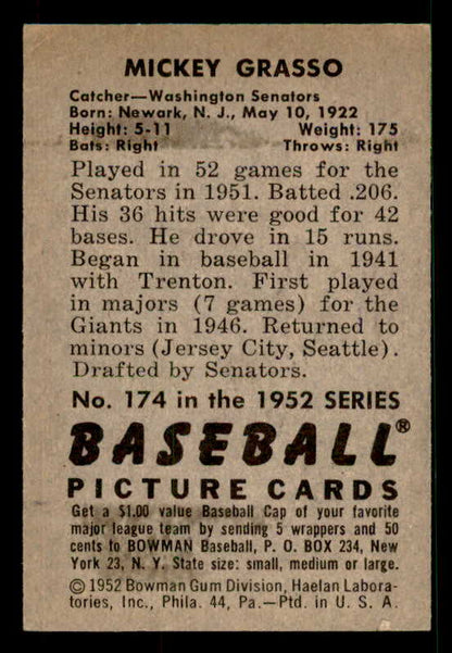 1952 Bowman Baseball #174 Mickey Grasso Senators EX-MT 533115
