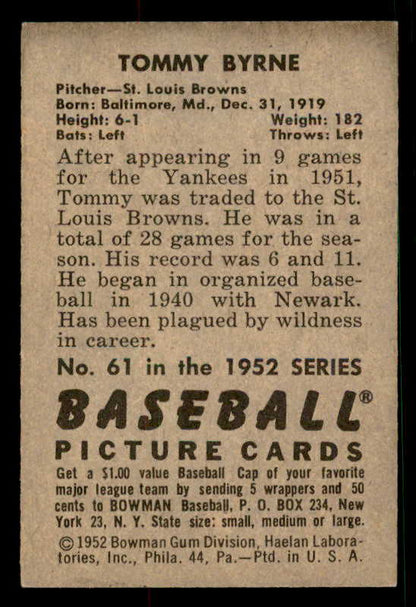 1952 Bowman Baseball #061 Tommy Byrne Browns EX-MT 533116