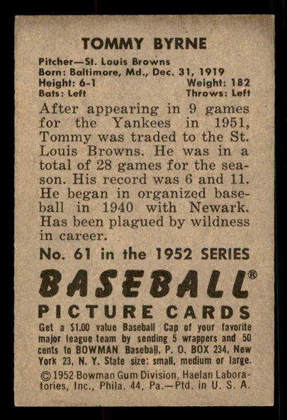 1952 Bowman Baseball #061 Tommy Byrne Browns EX-MT 533116