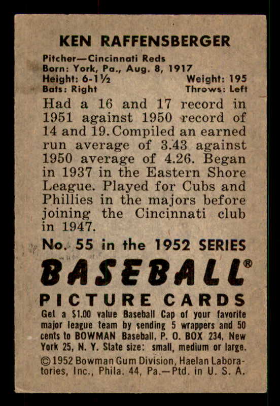 1952 Bowman Baseball #055 Ken Raffensberger Reds EX-MT 533117