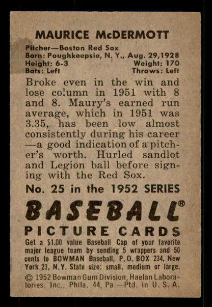 1952 Bowman Baseball #025 Maurice McDermott Red Sox EX-MT 533119
