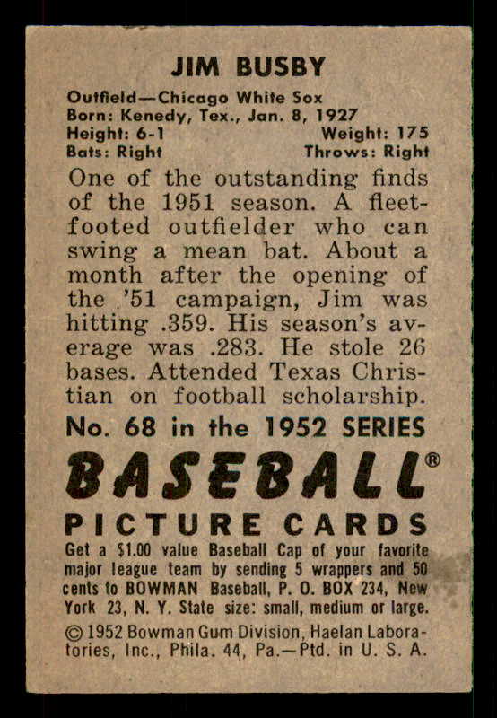 1952 Bowman Baseball #068 Jim Busby White Sox EX-MT 533121