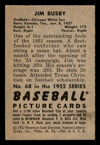 1952 Bowman Baseball #068 Jim Busby White Sox EX-MT 533121
