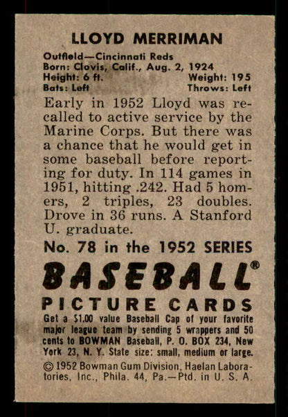 1952 Bowman Baseball #078 Lloyd Merriman Reds EX-MT 533122