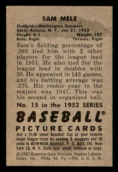 1952 Bowman Baseball #015 Sam Mele Senators EX 533123