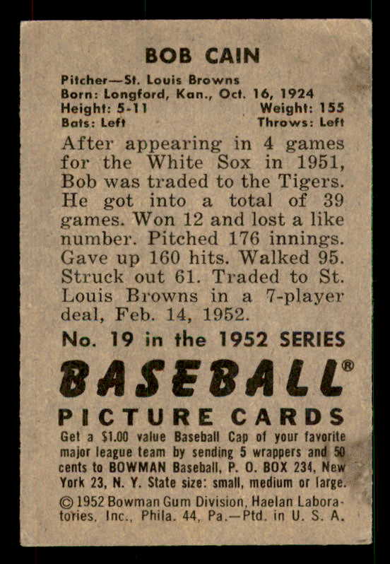 1952 Bowman Baseball #019 Bob Cain Browns EX 533124