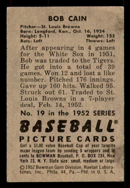 1952 Bowman Baseball #019 Bob Cain Browns EX 533124