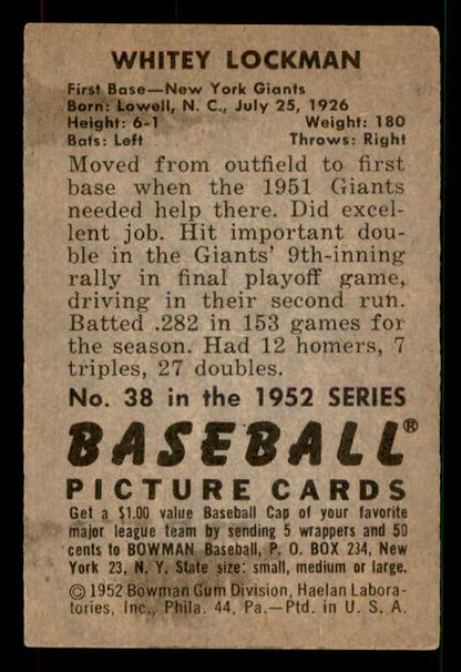 1952 Bowman Baseball #038 Whitey Lockman Giants EX 533125
