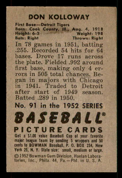 1952 Bowman Baseball #091 Don Kolloway Tigers EX-MT 533126