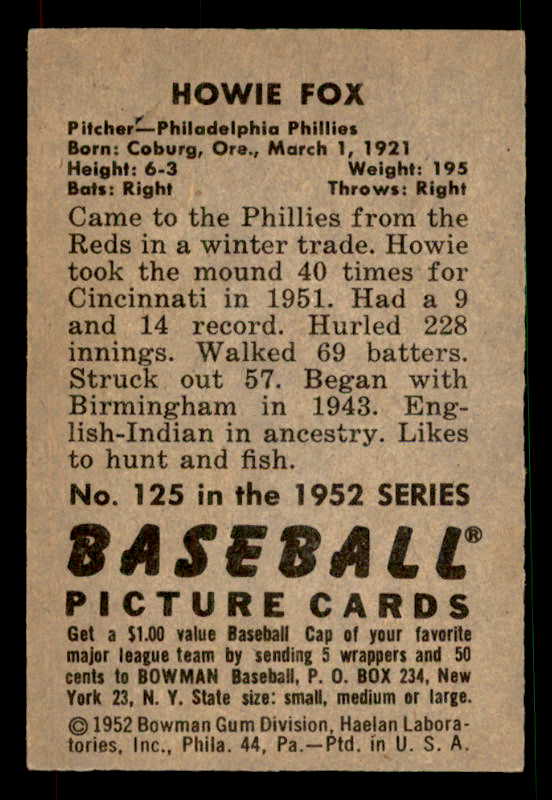 1952 Bowman Baseball #125 Howie Fox Phillies EX-MT 533127