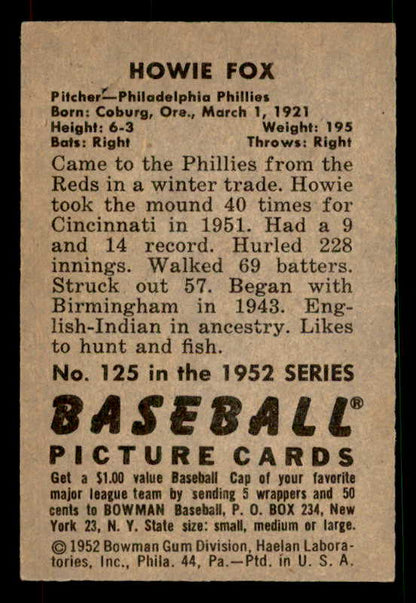 1952 Bowman Baseball #125 Howie Fox Phillies EX-MT 533127