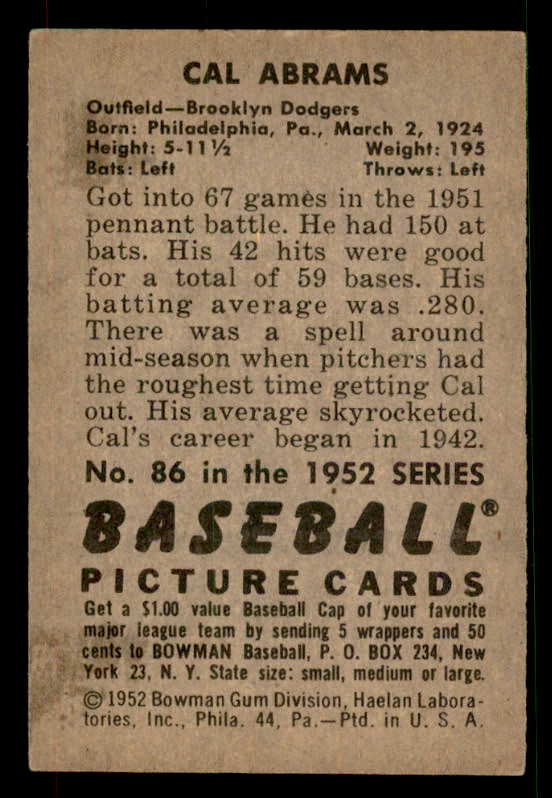 1952 Bowman Baseball #086 Cal Abrams Dodgers EX-MT 533128