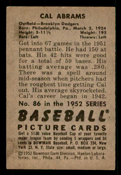1952 Bowman Baseball #086 Cal Abrams Dodgers EX-MT 533128
