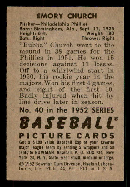 1952 Bowman Baseball #040 Bubba Church Phillies EX-MT 533129
