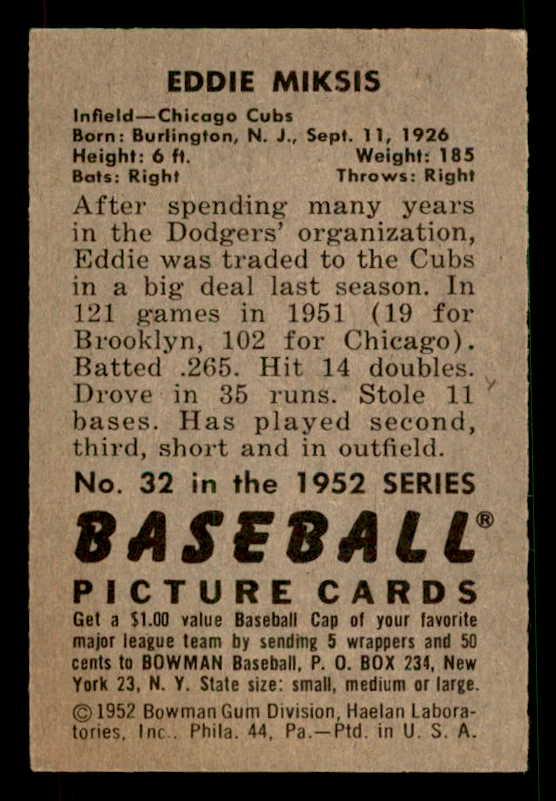1952 Bowman Baseball #032 Eddie Miksis Cubs EX-MT 533132