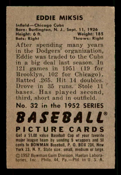 1952 Bowman Baseball #032 Eddie Miksis Cubs EX-MT 533132