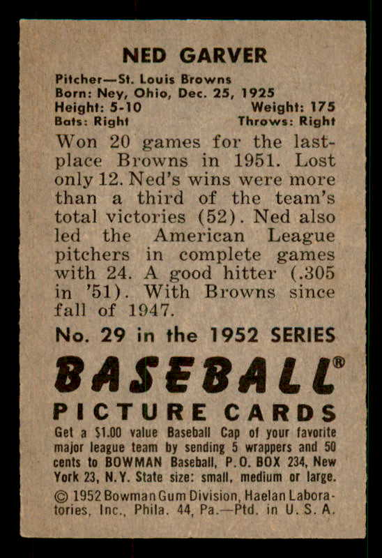 1952 Bowman Baseball #029 Ned Garver Browns EX-MT 533133