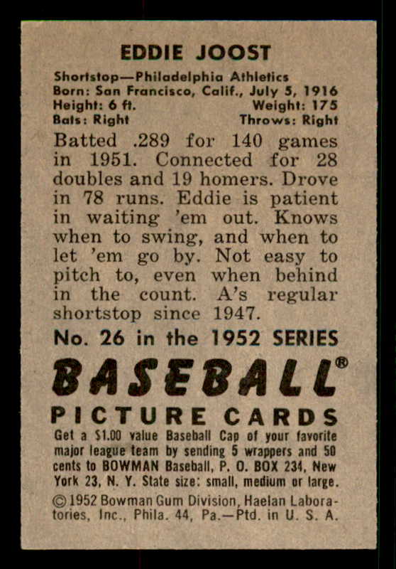 1952 Bowman Baseball #026 Eddie Joost A's EX-MT 533134