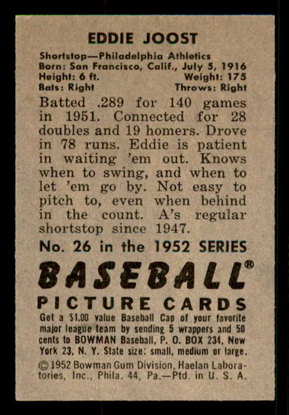 1952 Bowman Baseball #026 Eddie Joost A's EX-MT 533134