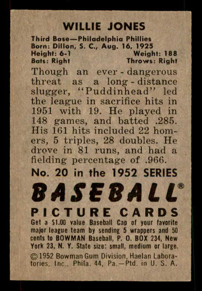 1952 Bowman Baseball #020 Willie Jones Phillies EX-MT 533135