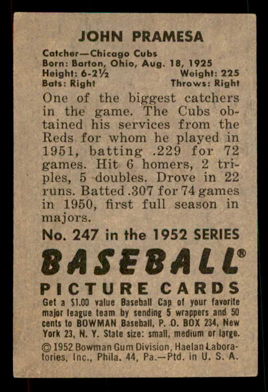 1952 Bowman Baseball #247 John Pramesa Cubs EX-MT 533136