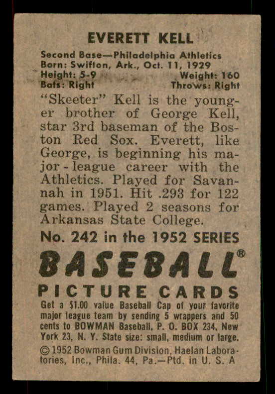 1952 Bowman Baseball #242 Everett Kell A's EX-MT 533137