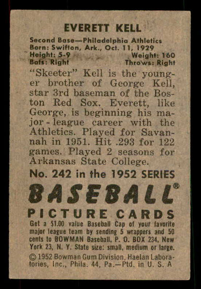 1952 Bowman Baseball #242 Everett Kell A's EX-MT 533137