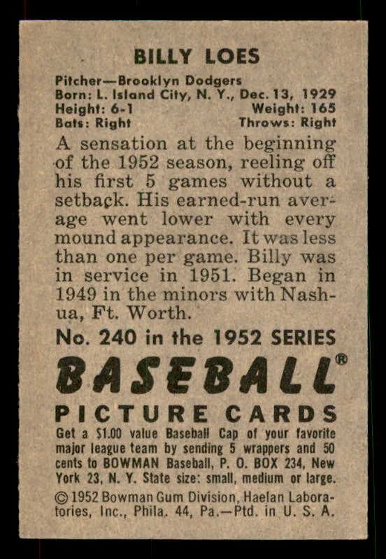 1952 Bowman Baseball #240 Billy Loes Dodgers EX-MT 533138