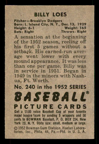 1952 Bowman Baseball #240 Billy Loes Dodgers EX-MT 533138