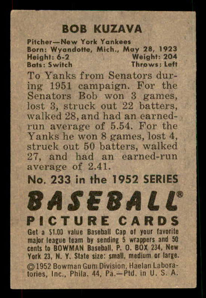 1952 Bowman Baseball #233 Bob Kuzava Yankees EX-MT 533139
