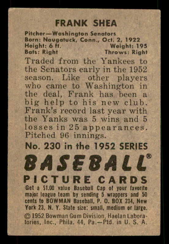 1952 Bowman Baseball #230 Frank Shea Senators EX-MT 533140