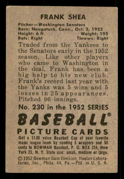 1952 Bowman Baseball #230 Frank Shea Senators EX-MT 533140
