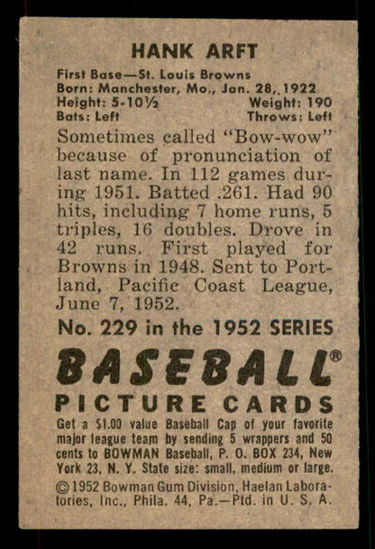1952 Bowman Baseball #229 Hank Arft Browns EX-MT 533141